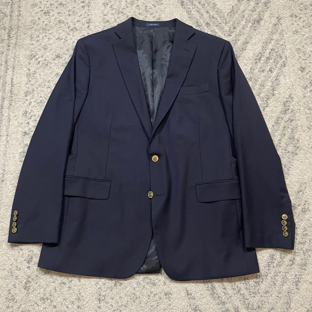 Stafford Men's 44R Navy Hopsack Blazer Classic Fit Gold‎ Buttons Wool Polyester